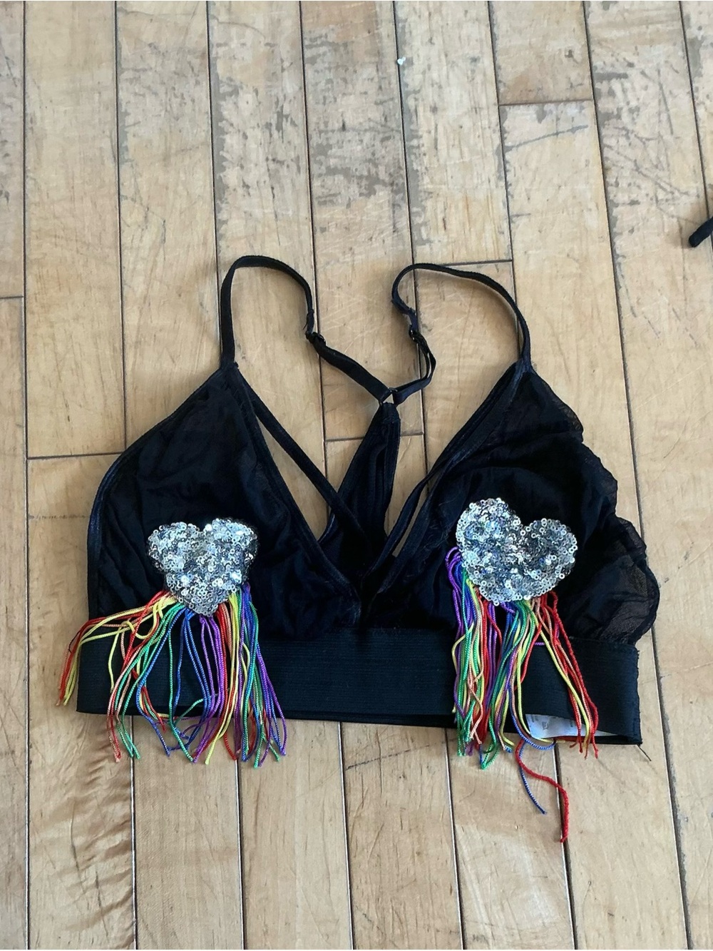 Spencer's Black Mesh Bralette with Sequin Heart Patches & Rainbow Fringe